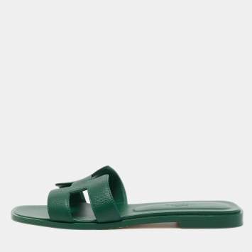 Pre Owned Hermes Green Leather Oran Sandals Size 36.5