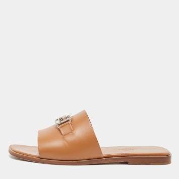 Pre Owned Hermes Brown Leather Villa Flat Slides Size 37