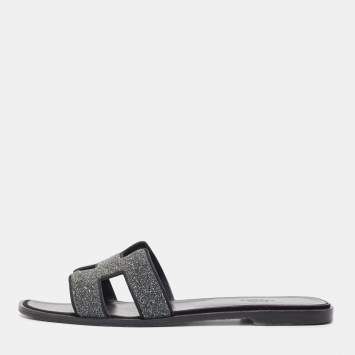 Pre Owned Hermes Grey Powder Crystal Oran Flat Slides Size 40.5 
