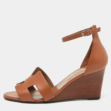 Pre Owned Hermes Brown Leather Legend Wedge Sandals Size 40