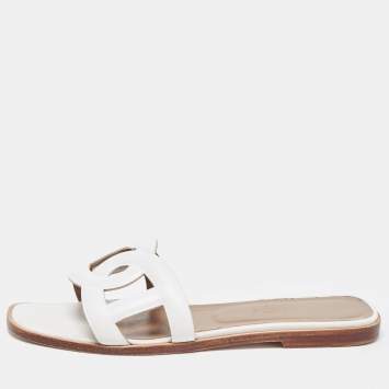 Pre Owned Hermes White Leather Omaha Flat Slides Size 38