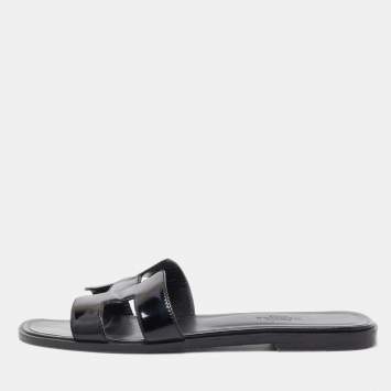Pre Owned Hermes Black Patent Leather Oran Flat Slides Size 37