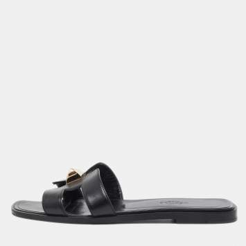 Pre Owned Hermes Black Leather One Stud Oran Flat Slides Size 36.5