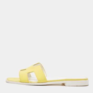 Pre Owned Hermes Yellow Fabric Oran Flat Slides Size 37