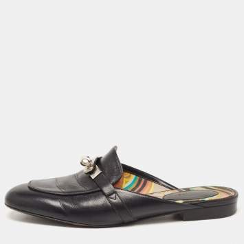 Pre Owned Hermes Black Leather Oz Flat Mules Size 38