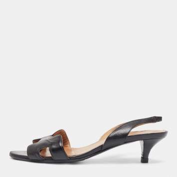 Pre Owned Hermes Black Leather Night Slingback Sandals Size 38