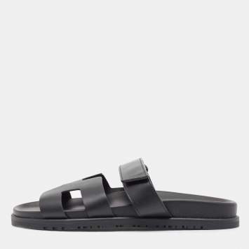 Pre Owned Hermes Black Leather Chypre Velcro Flat Sandals Size 40