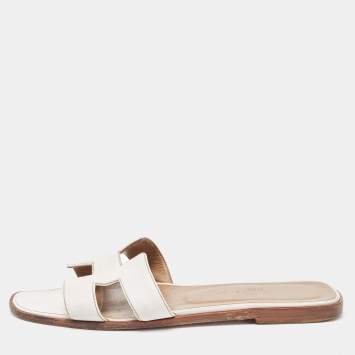 Pre Owned Hermes White Leather Oran Slip On Sandals Size 37.5