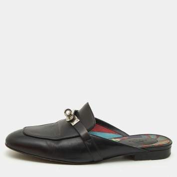 Pre Owned Hermes Black Leather Oz Flat Mules Size 37