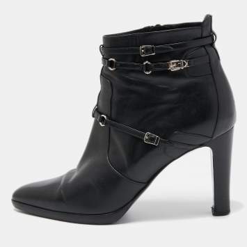 Pre Owned Hermes Black Leather Buckle Ankle Boots Size 40