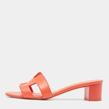 Pre Owned Hermes Orange Leather Oasis Slide Sandals Size 40.5