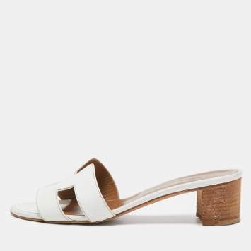 Pre Owned Hermes White Leather Oasis Slide Sandals Size 37.5
