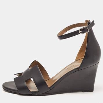 Pre Owned Hermes Black Leather Legend Wedge Ankle Strap Sandals Size 37
