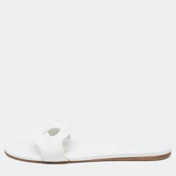 Pre Owned Hermes White Leather Lisboa Flat Slides Size 37
