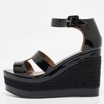 Pre Owned Hermes Black Patent Leather Ilana Espadrille Wedge Sandals Size 40