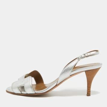 Pre Owned Hermes Silver Leather Night Slingback Sandals Size 37
