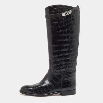 Pre Owned Hermes Black Crocodile Riding Boots Size 39
