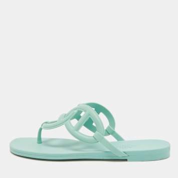 Pre Owned Hermes Mint Green Rubber Egerie Thong Flat Slides Size 36