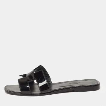Pre Owned Hermes Black Patent Oran Slide Flats Size 40