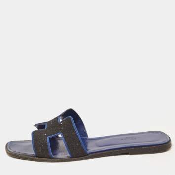 Pre Owned Hermes Black/Blue Suede Crystal Embellished Oran Flat Slides Size 40 