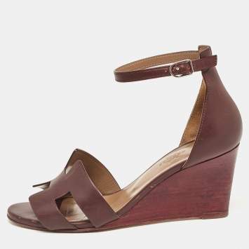 Pre Owned Hermes Burgundy Leather Legend Wedge Sandals Size 37.5