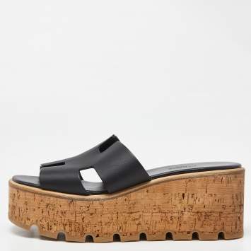 Pre Owned Hermes Black Leather Eze Platform Sandals Size 37