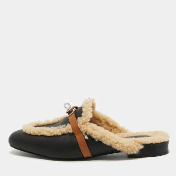 Pre Owned Hermes Black/Beige Leather and Fur Oz Flat Mules Size 40