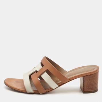 Pre Owned Hermes Brown/White Leather Amica Sandals Size 39.5