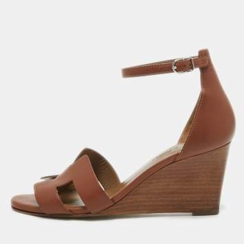 Pre Owned Hermes Brown Leather Legend Wedge Ankle Strap Sandals Size 37