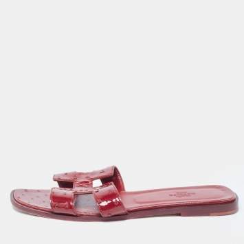 Pre Owned Hermes Burgundy Patent Ostrich Oran Flat Slides Size 39