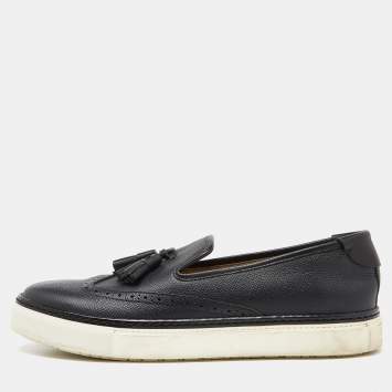 Pre Owned Hermes Black Brogue Leather Tassel Slip On Sneakers Size 38
