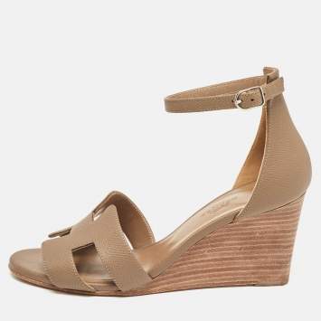 Pre Owned Hermes Brown Leather Legend Wedge Sandals Size 37
