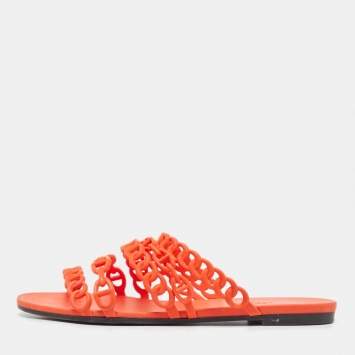 Pre Owned Hermes Orange Jelly Chaine d'Ancre Flat Slides Size 39