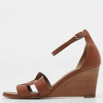 Pre Owned Hermes Brown Leather Legend Wedge Ankle Strap Sandals Size 38.5