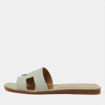 Pre Owned Hermes Grey Leather Oran Flat Slides Size 41