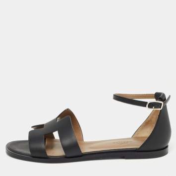 Pre Owned Hermes Black Leather Santorini Flat Sandals Size 38