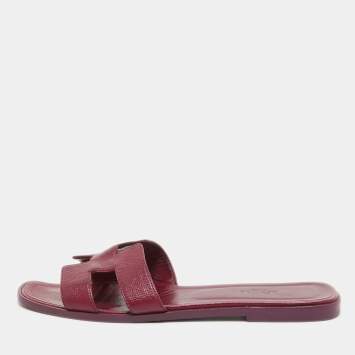 Pre Owned Hermes Burgundy Leather Oran Slide Flats Size 40 