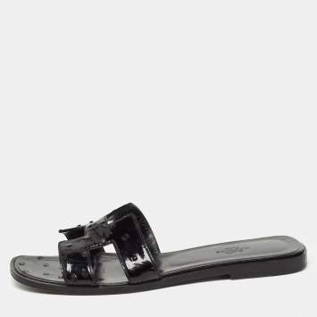 مملوكة مسبقًا Hermes Black Ostrich Oran Slide Flats Size 39