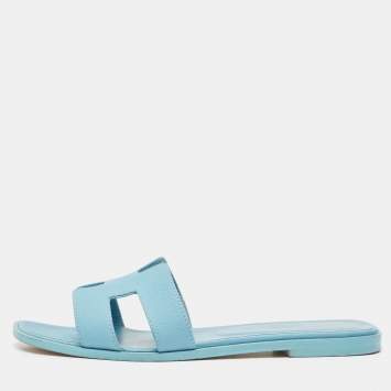 Pre Owned Hermes Blue Leather Oran Flat Slides Size 39.5