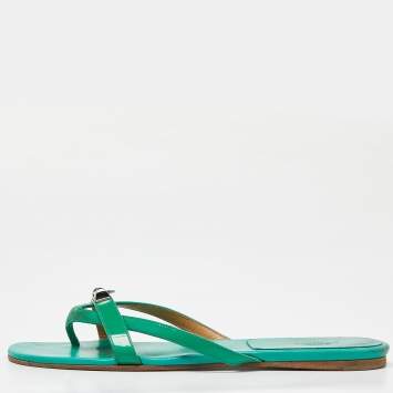 Pre Owned Hermes Green Patent Corfu Thong Flats Size 40