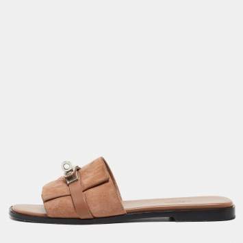 Pre Owned Hermes Light Brown Suede Giulia Flat Slides Size 38
