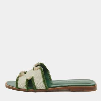 Pre Owned Hermes Green/Beige Leather and Canvas Fringe Oran Flat Slides Size 38