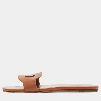 Pre Owned Hermes Brown Leather Lisboa Flat Slides Size 38 