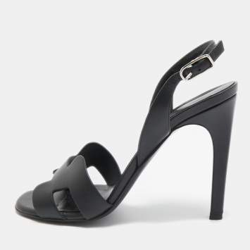 Pre Owned Hermes Black Leather Holy Slingback Sandals Size 37