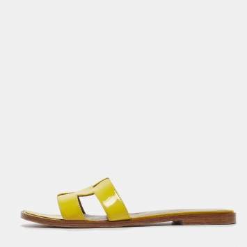 Pre Owned Hermes Yellow Patent Oran Flat Slides Size 38 