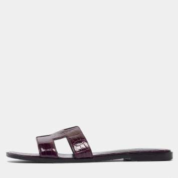 Pre Owned Hermes Purple Alligator Patent Leather Oran Flat Slides Size 39