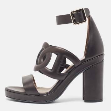 Pre Owned Hermes Black Leather Block Heel Ankle Strap Sandals Size 39