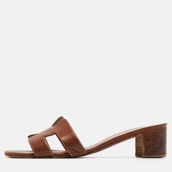 Pre Owned Hermes Brown Leather Oasis Slide Sandals Size 38.5