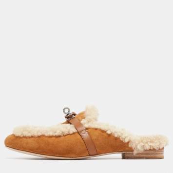 Pre Owned Hermes Light Brown Suede and Fur Oz Mules Size 40  