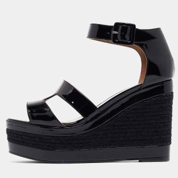 Pre Owned Hermes Black Patent Leather Ilana Espadrille Wedges Sandals Size 37
